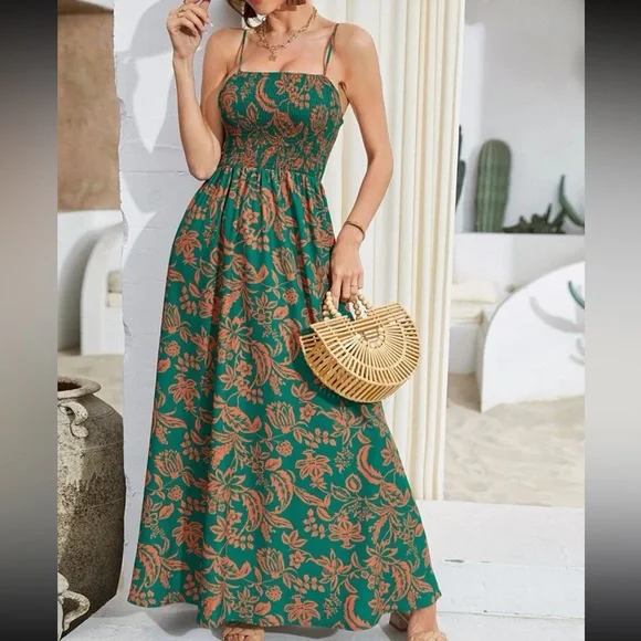 Boho Floral Print Smocked Bodice Cami Maxi Dress Green - Picture 5 of 6